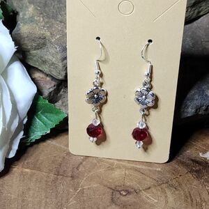 Hand Crafted Dangle Earrings With Red Glass & Silver Toned Floral Accents